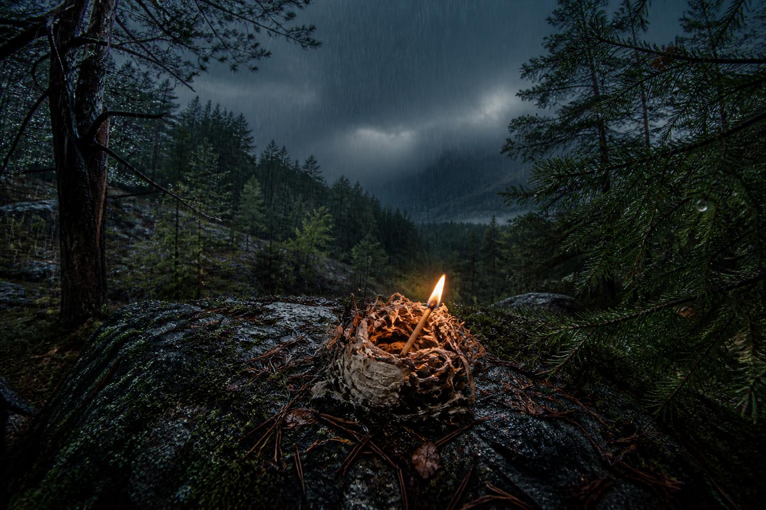 Allumette de survie allumée sous la pluie en forêt de montagne