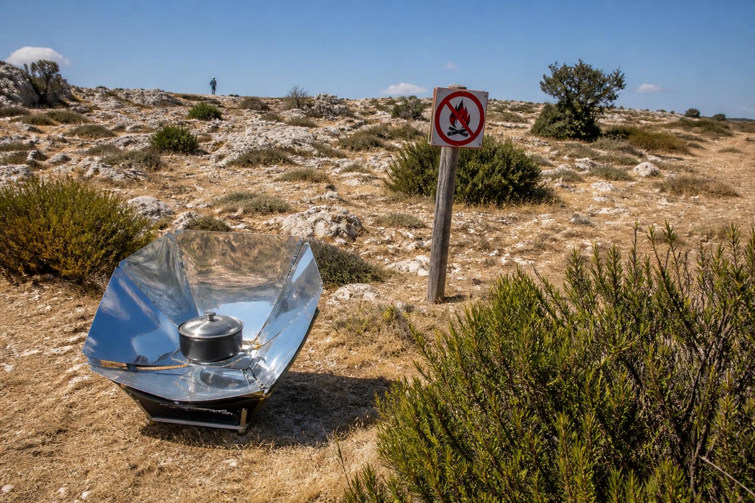 Barbecue solaire utilisé en garrigue dans une zone à feu interdit en été