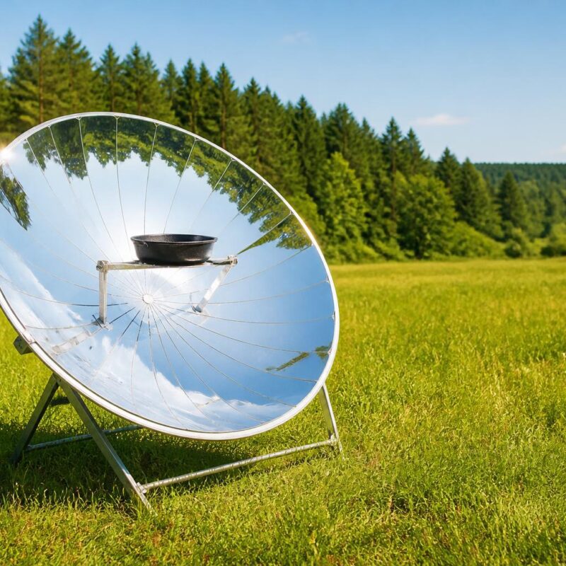 Barbecue solaire parabolique installé dans un pré ensoleillé en pleine nature