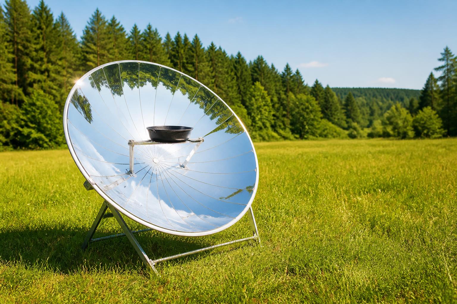 Barbecue solaire parabolique installé dans un pré ensoleillé en pleine nature