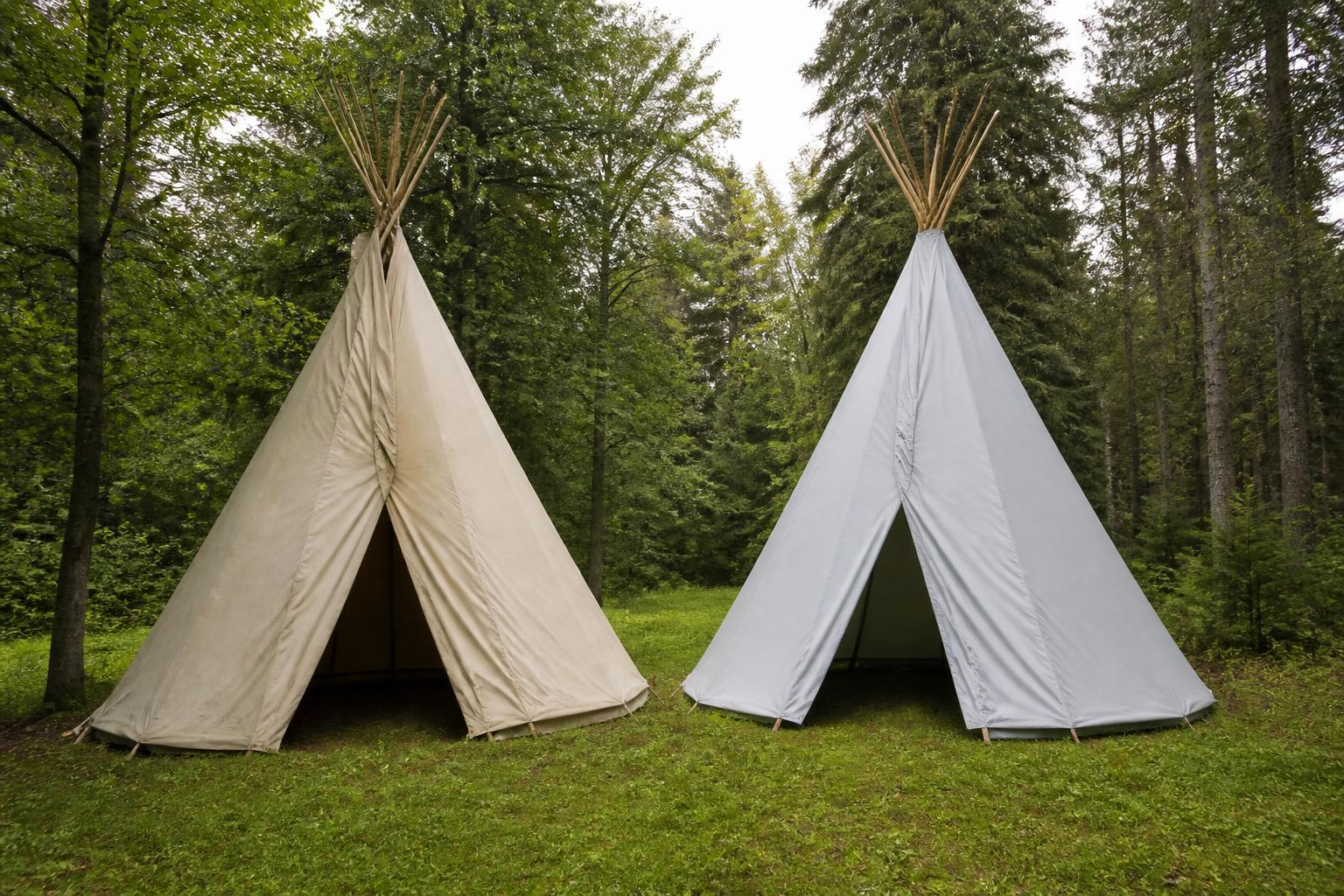 Comparatif deux tentes tipi toile coton naturelle et polyester synthétique forêt