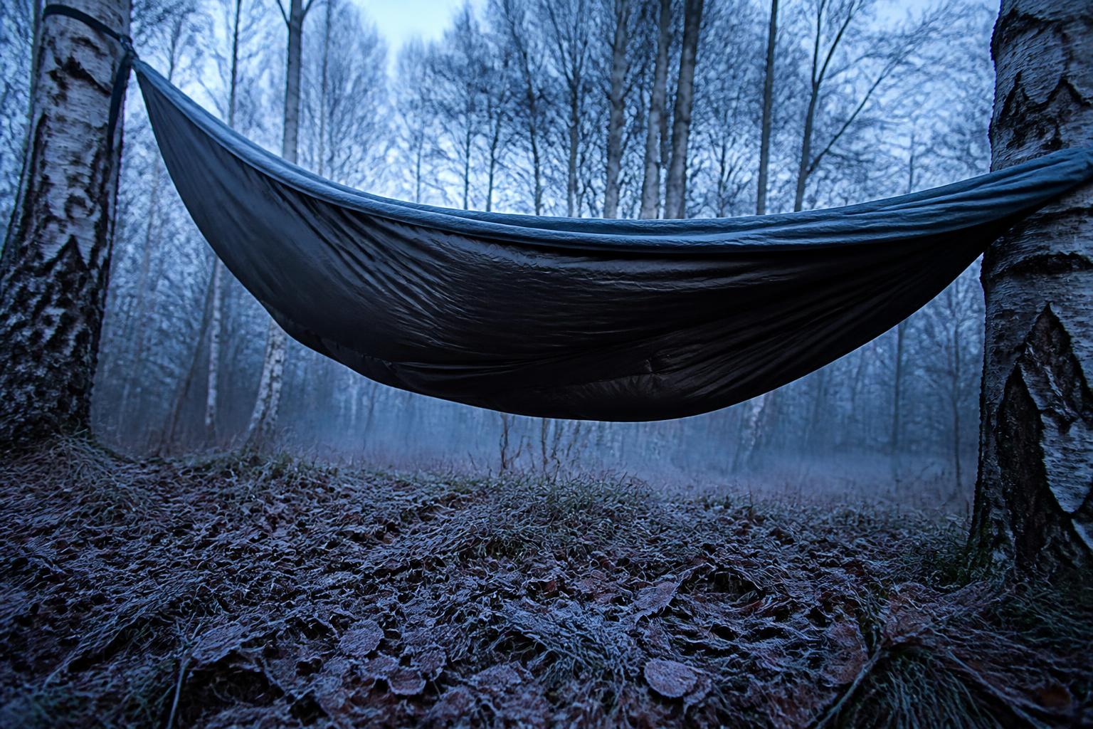 Dessous de hamac exposé au froid en forêt hivernale brumeuse