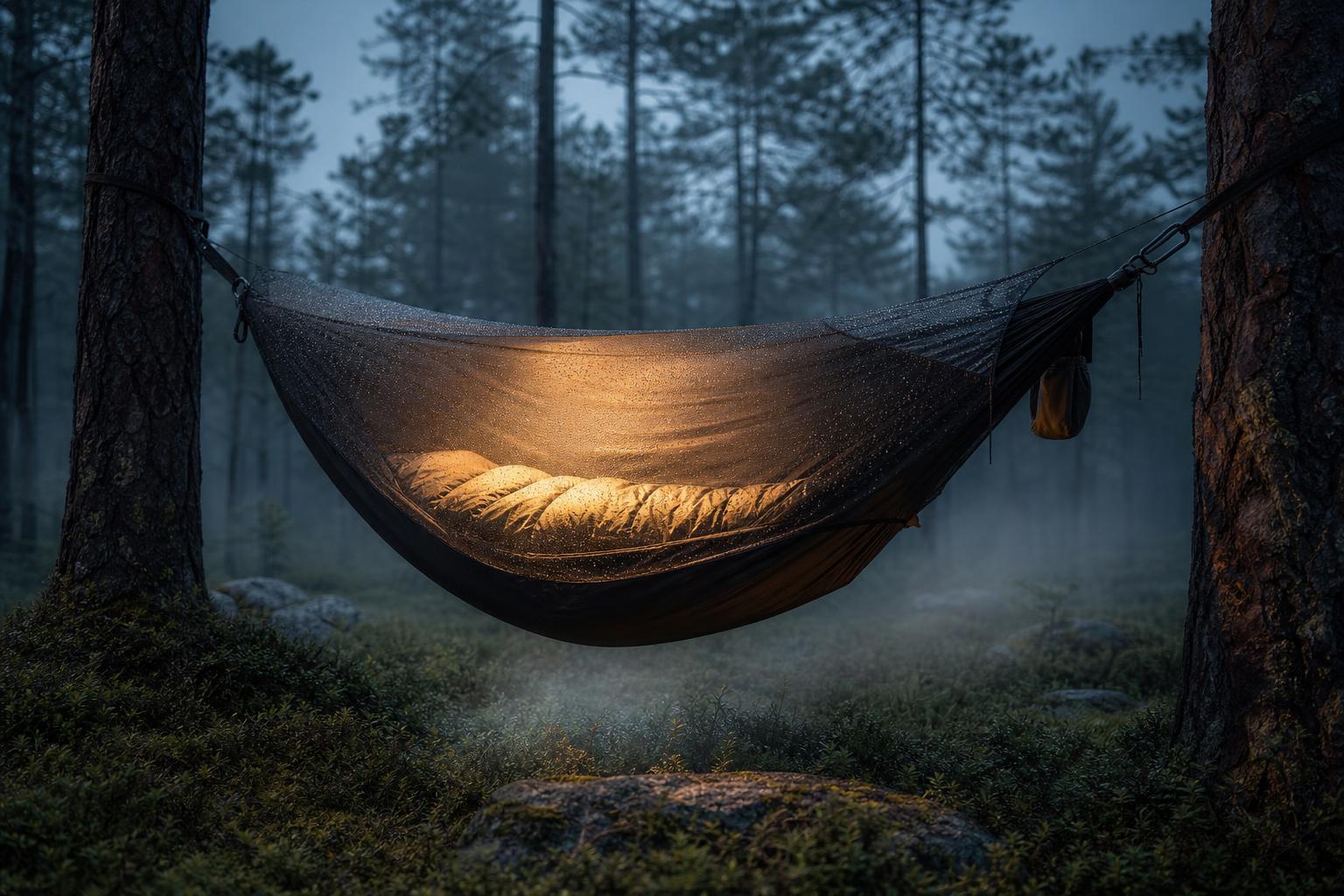 Hamac moustiquaire avec sac de couchage par nuit fraîche brumeuse en forêt