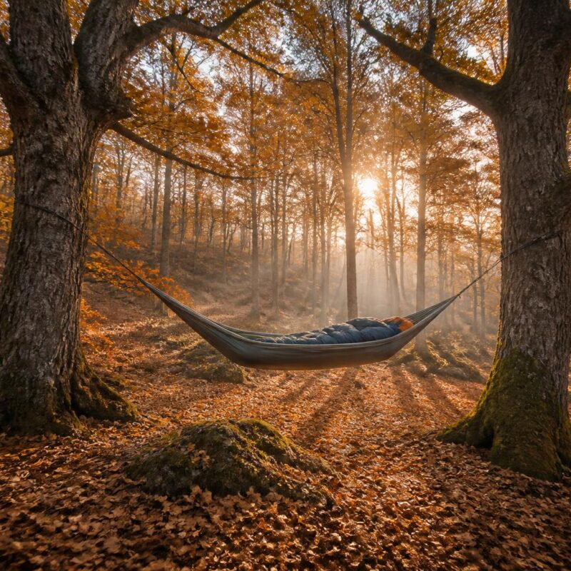 Hamac avec sac de couchage tendu en forêt automnale lumière dorée