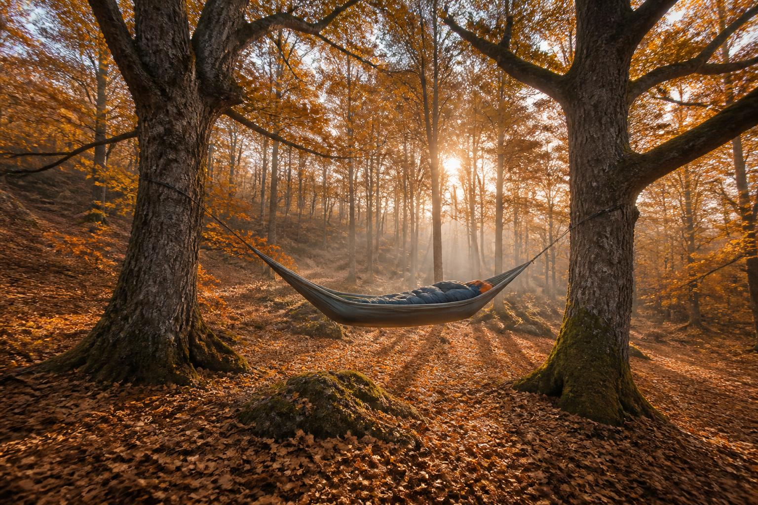 Hamac avec sac de couchage tendu en forêt automnale lumière dorée
