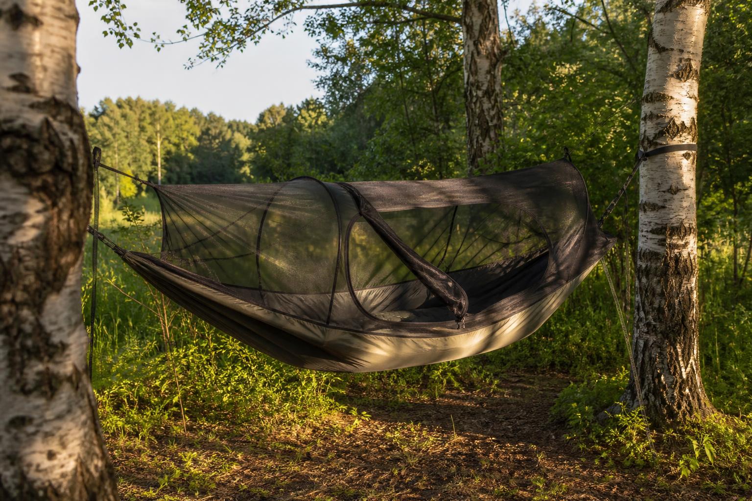 Fermeture zip hamac moustiquaire correctement installé entre deux arbres