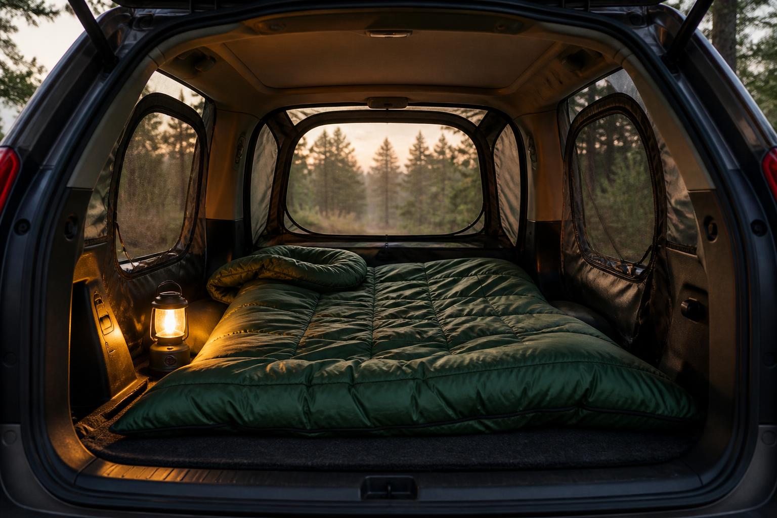 Intérieur cosy tente voiture avec sac de couchage et lampe de camping