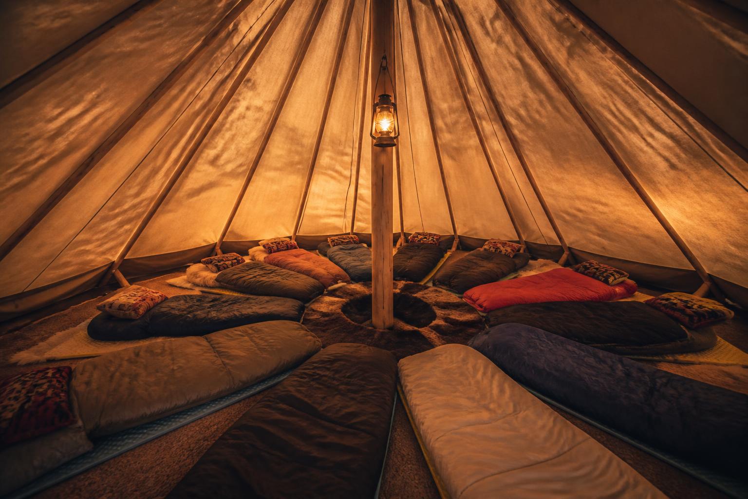 Intérieur tente tipi couchages en étoile mât central lumière lanterne camping