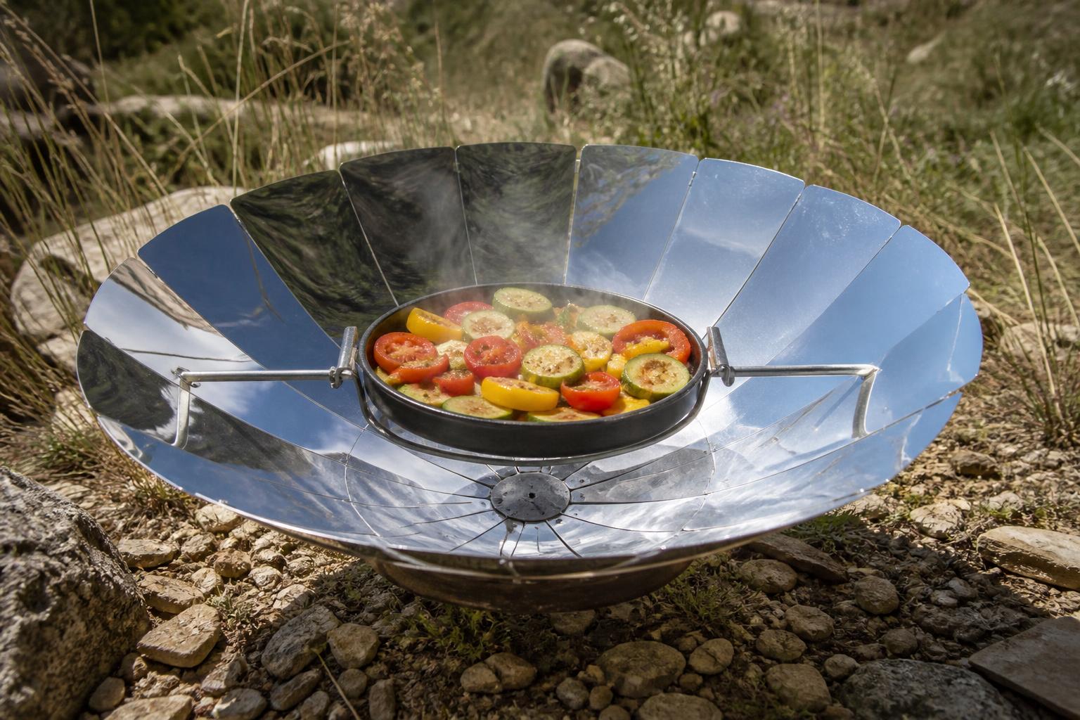Légumes colorés en train de cuire sur un barbecue solaire en plein air