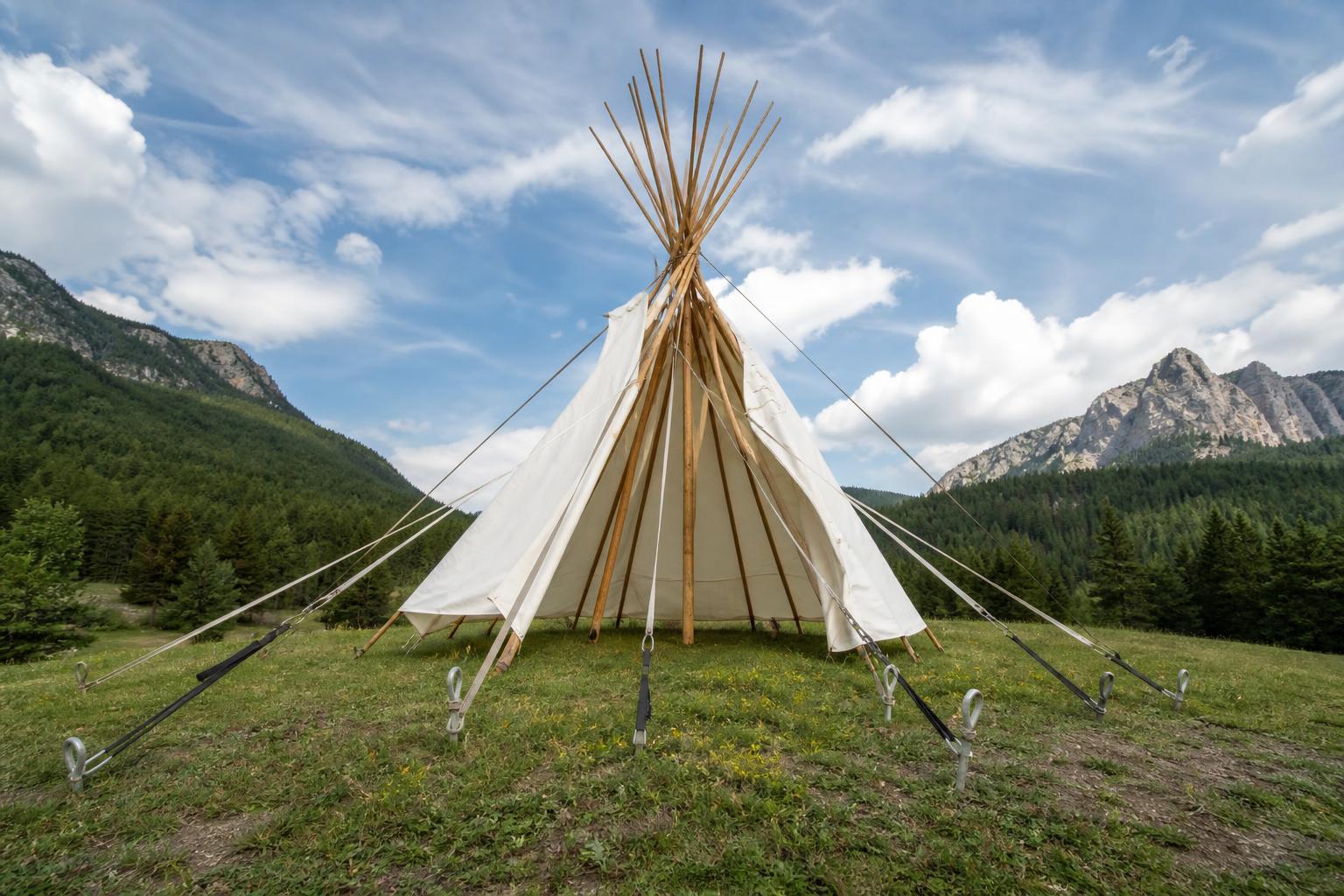 Montage tente tipi mât central sardines sol prairie montagne détail technique