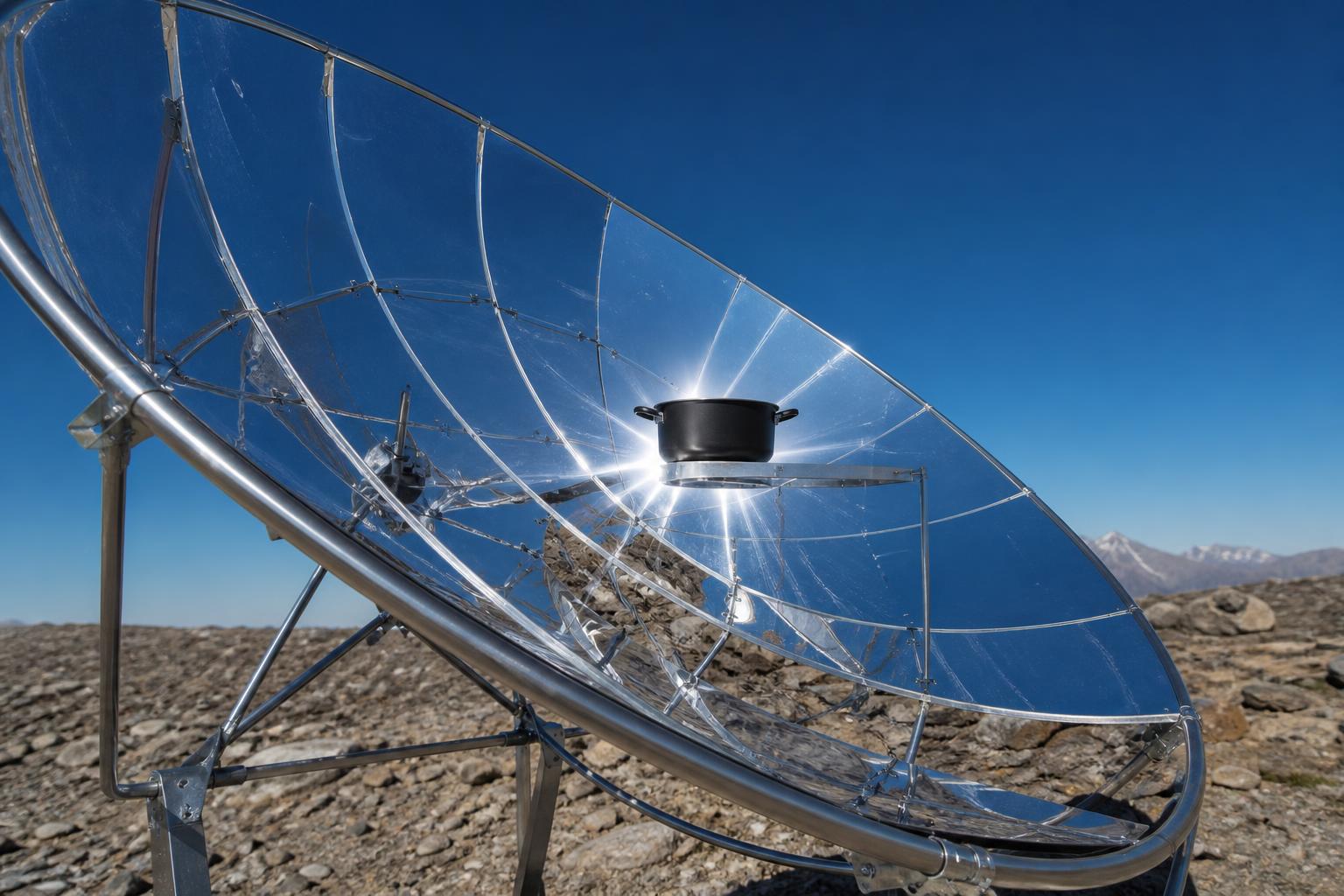 Réflecteur parabolique solaire concentrant les rayons vers le foyer de cuisson