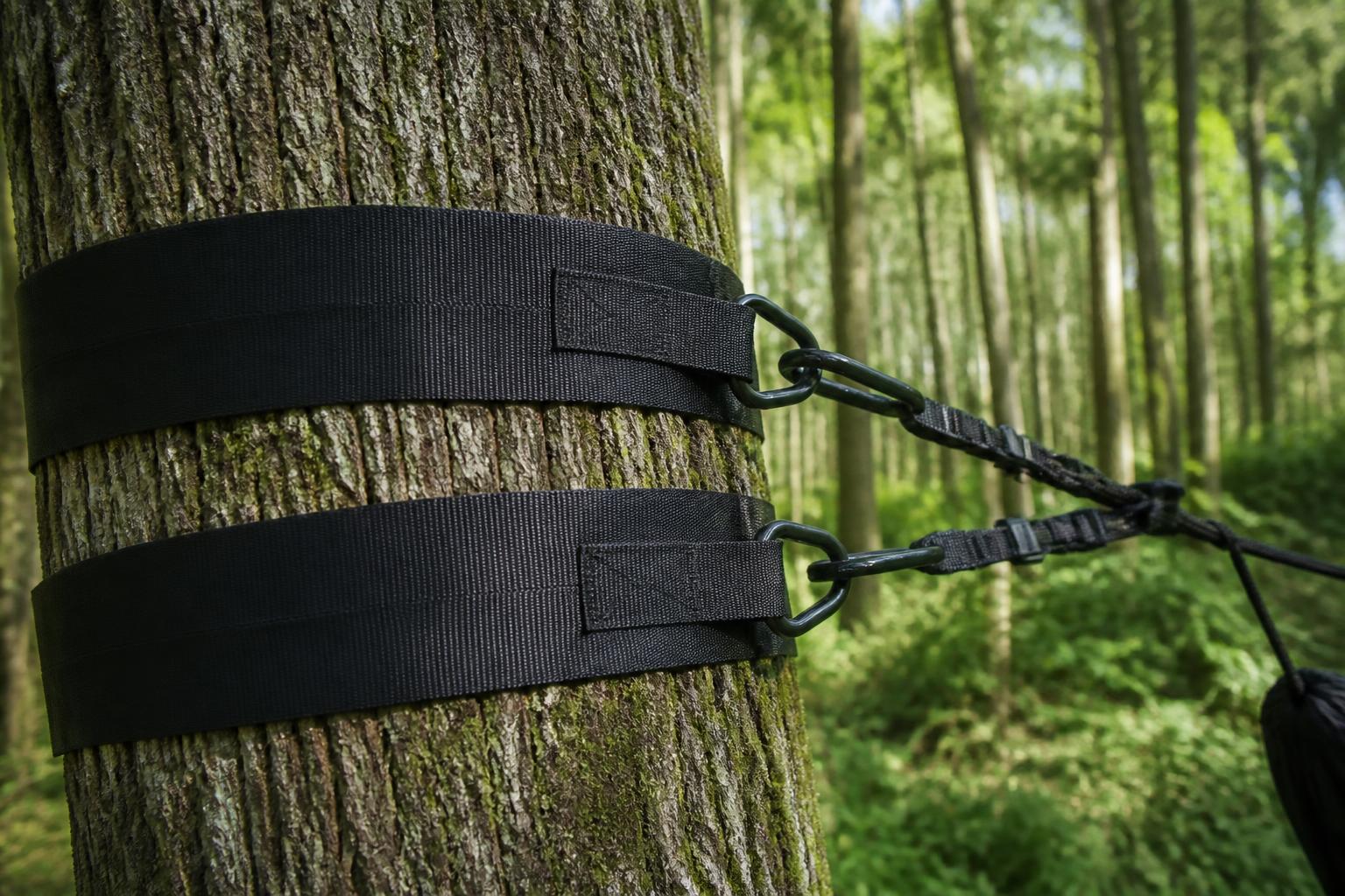 Sangles larges suspension tente suspendue autour tronc arbre forêt