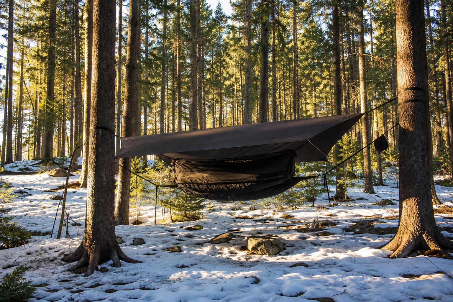 Setup complet bivouac hamac tarp underquilt forêt enneigée hivernale