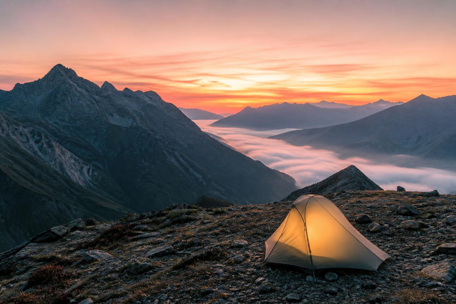 Tente de bivouac légère au lever du soleil en haute montagne France