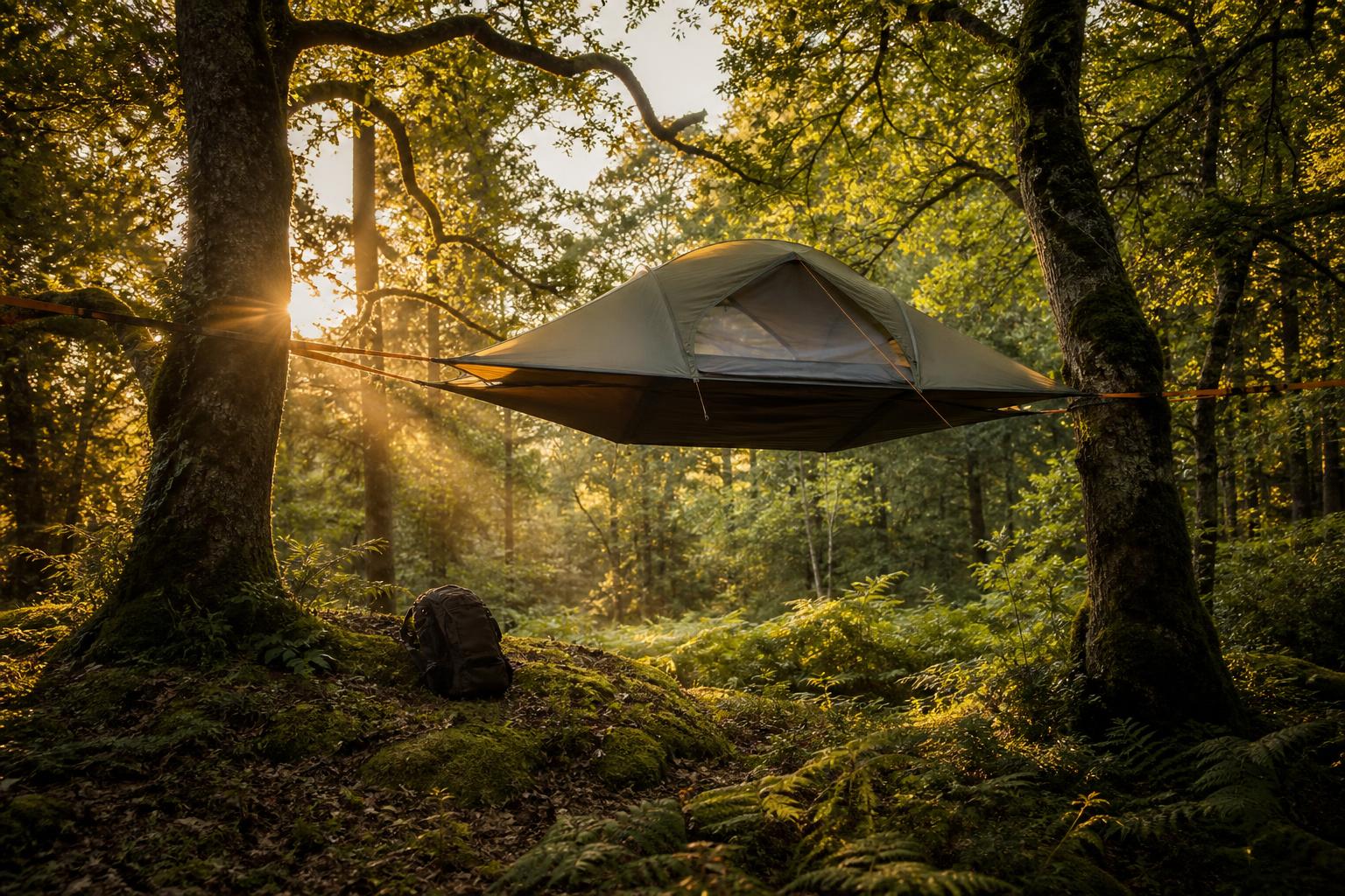 Tente suspendue entre deux chênes en forêt lumière dorée bivouac