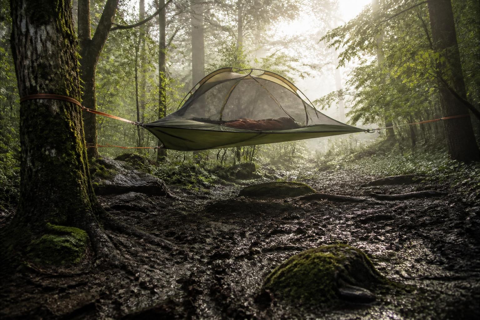 Tente suspendue au-dessus sol boueux rocheux terrain difficile forêt