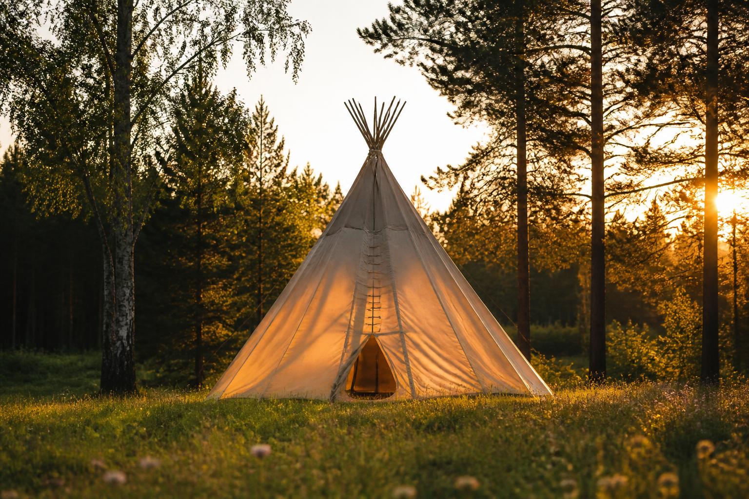 Tente tipi toile beige installée en clairière forêt lumière dorée coucher soleil