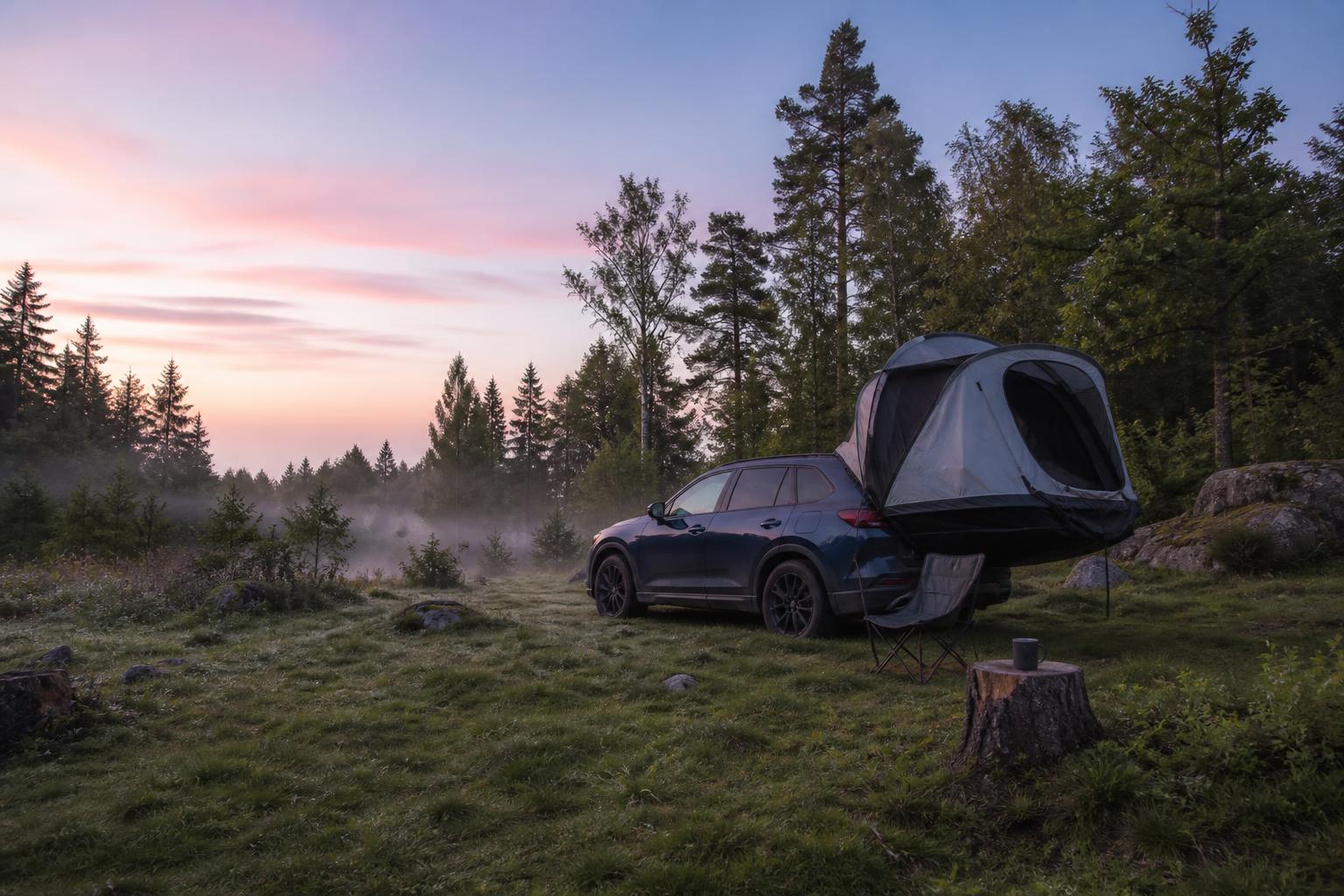 Tente voiture campée en clairière brumeuse au lever du jour dans la nature