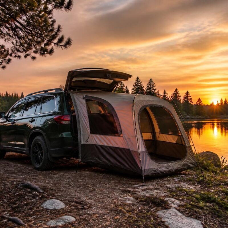 Tente voiture déployée sur un SUV au bord d'un lac en forêt au coucher du soleil