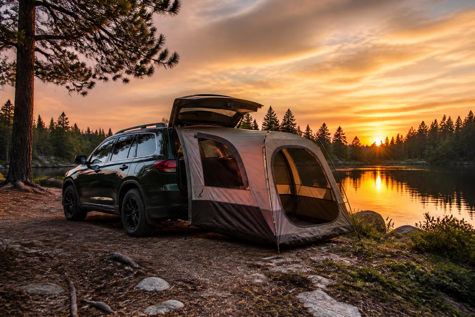 Tente voiture déployée sur un SUV au bord d'un lac en forêt au coucher du soleil