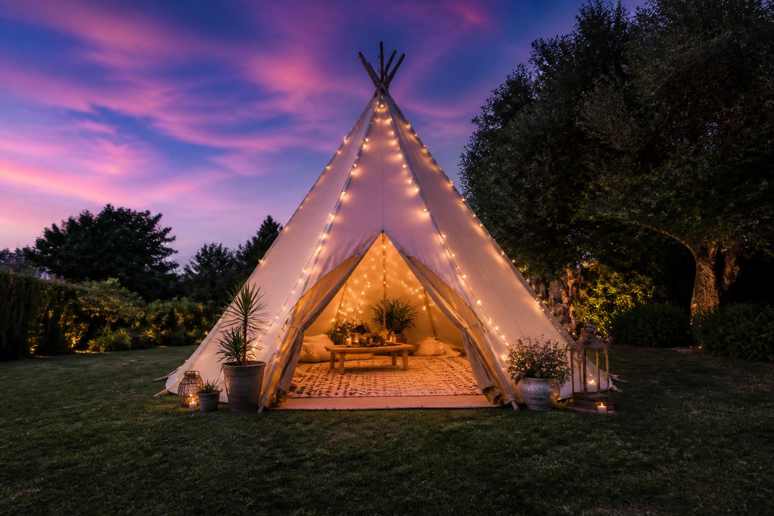 Tipi glamping décoré guirlandes lumineuses tapis berbère hébergement insolite jardin