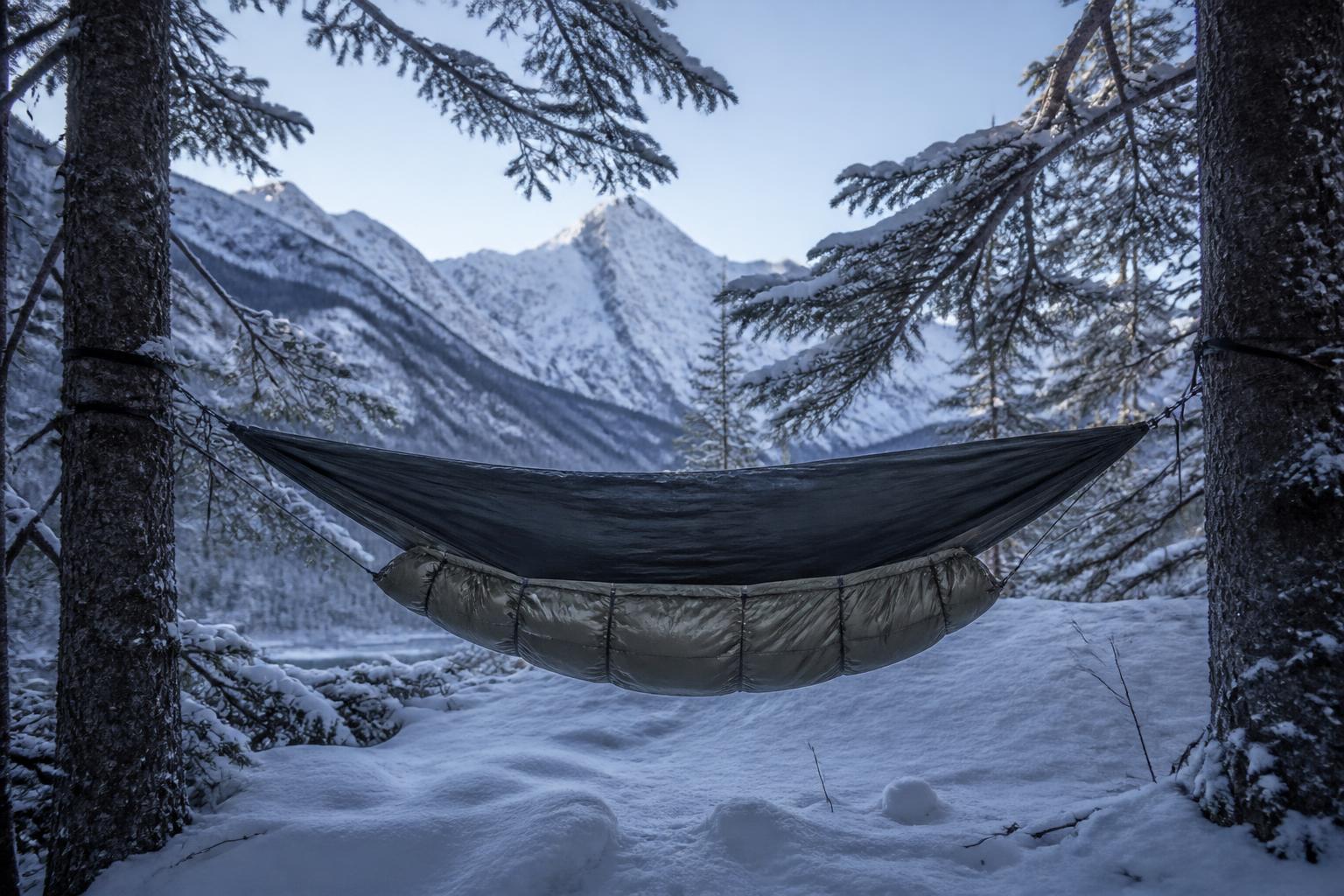 Underquilt suspendu sous hamac en forêt de montagne enneigée