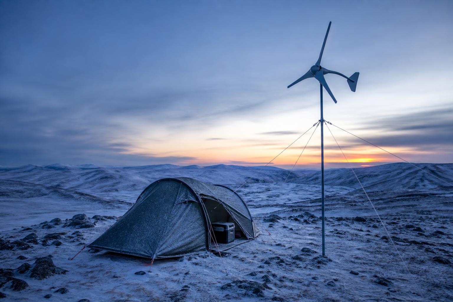 Bivouac hivernal en altitude avec éolienne portable dans la neige à l'aube