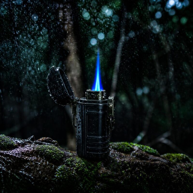Briquet tempête flamme bleue sous pluie battante en forêt