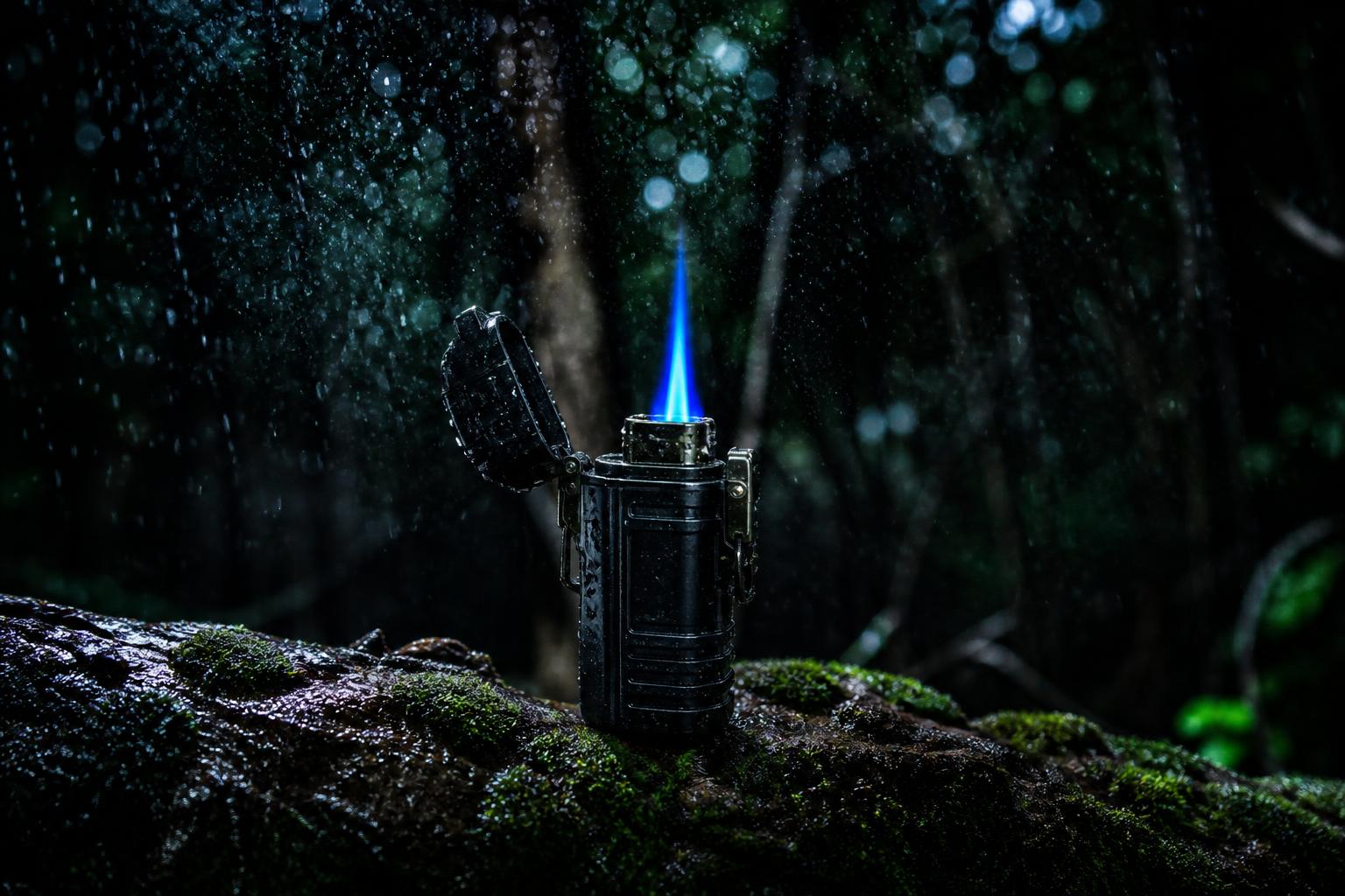 Briquet tempête flamme bleue sous pluie battante en forêt