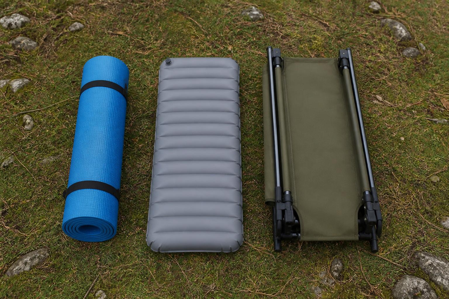 Comparatif matelas mousse gonflable et lit de camp sur herbe