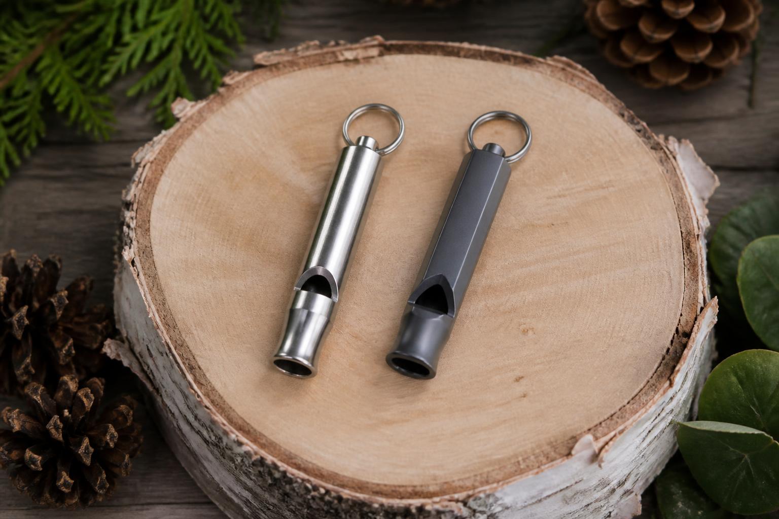 Comparatif sifflet survie à bille et sans bille sur bois naturel