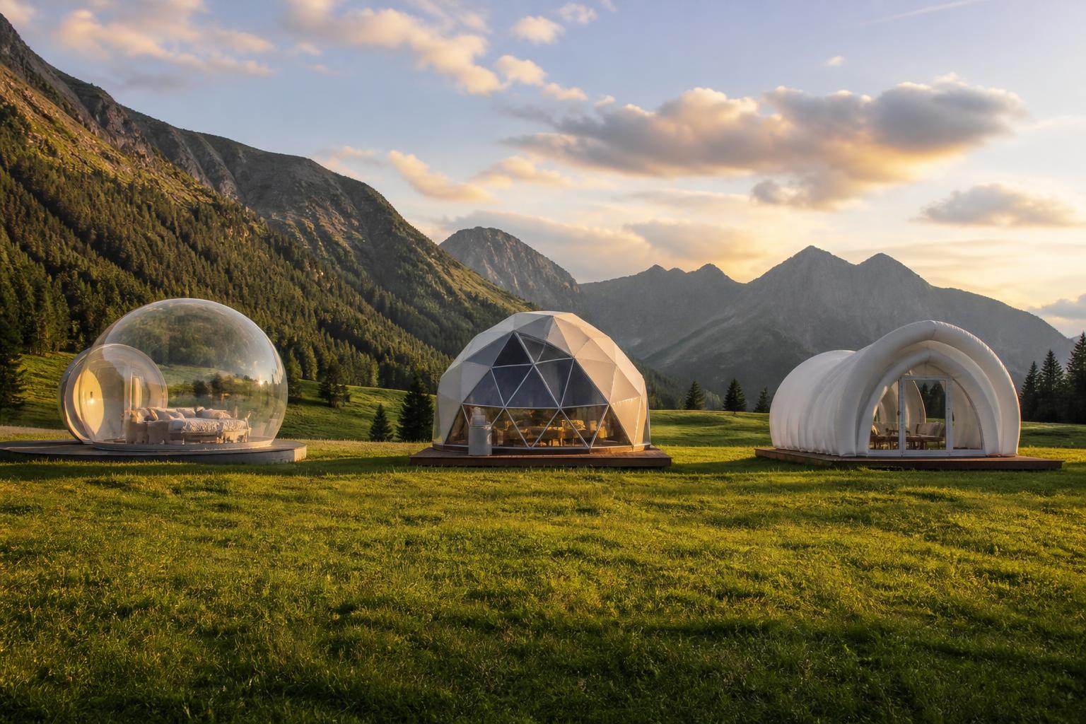 Comparatif tente bulle dôme géodésique et tente gonflable en prairie
