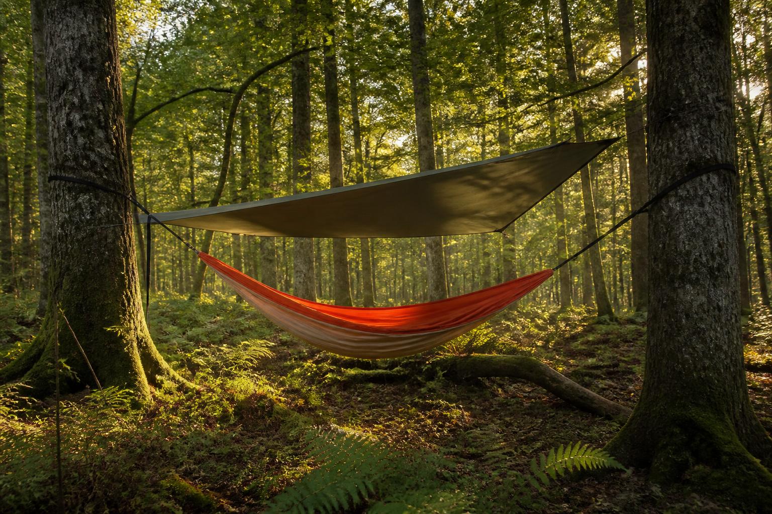 Hamac de camping tendu entre deux arbres en forêt lumière dorée