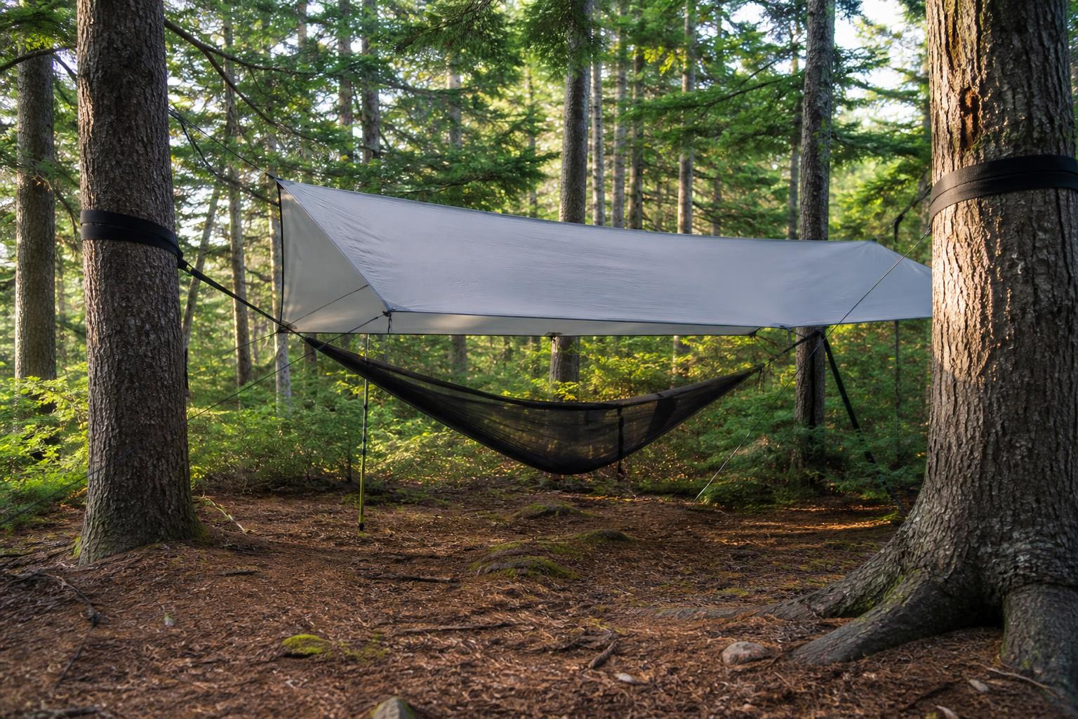 Hamac filet avec tarp et sangles installation complète bivouac forêt
