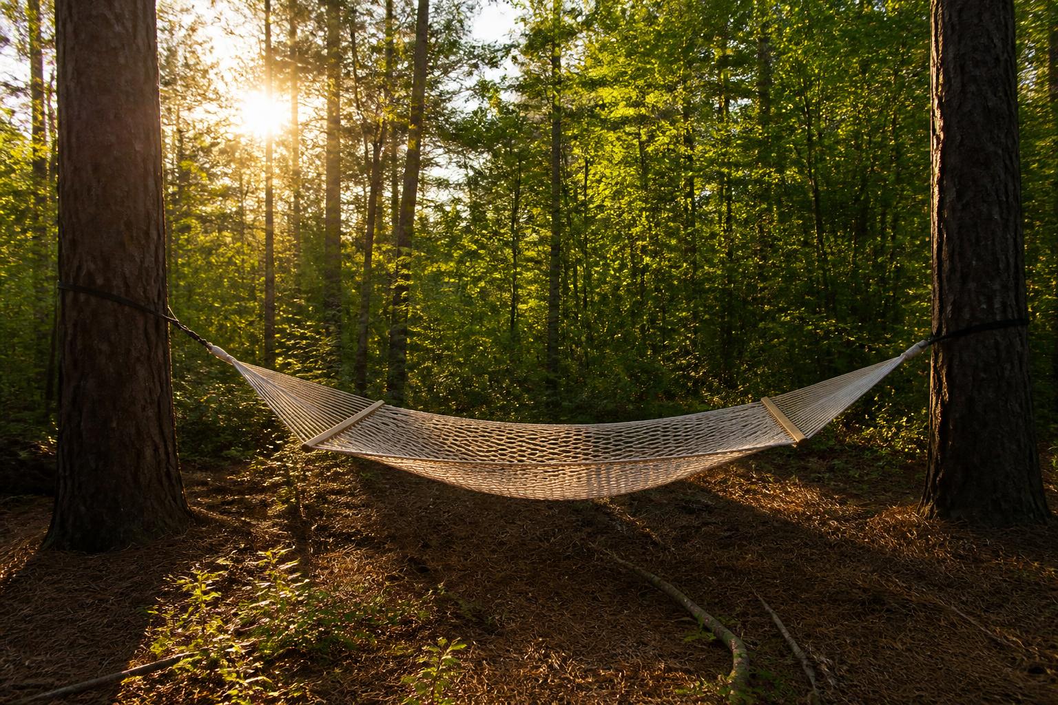 Hamac filet ultraléger suspendu en forêt de pins lumière dorée