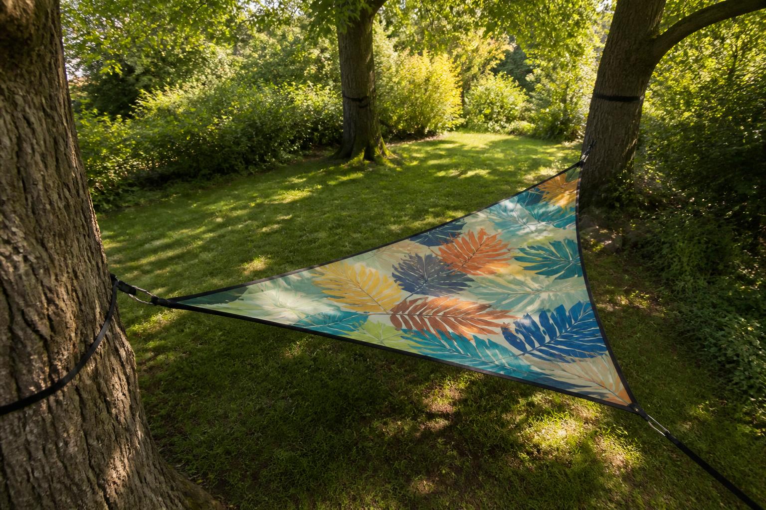 Hamac triangle coloré suspendu entre trois arbres dans jardin verdoyant