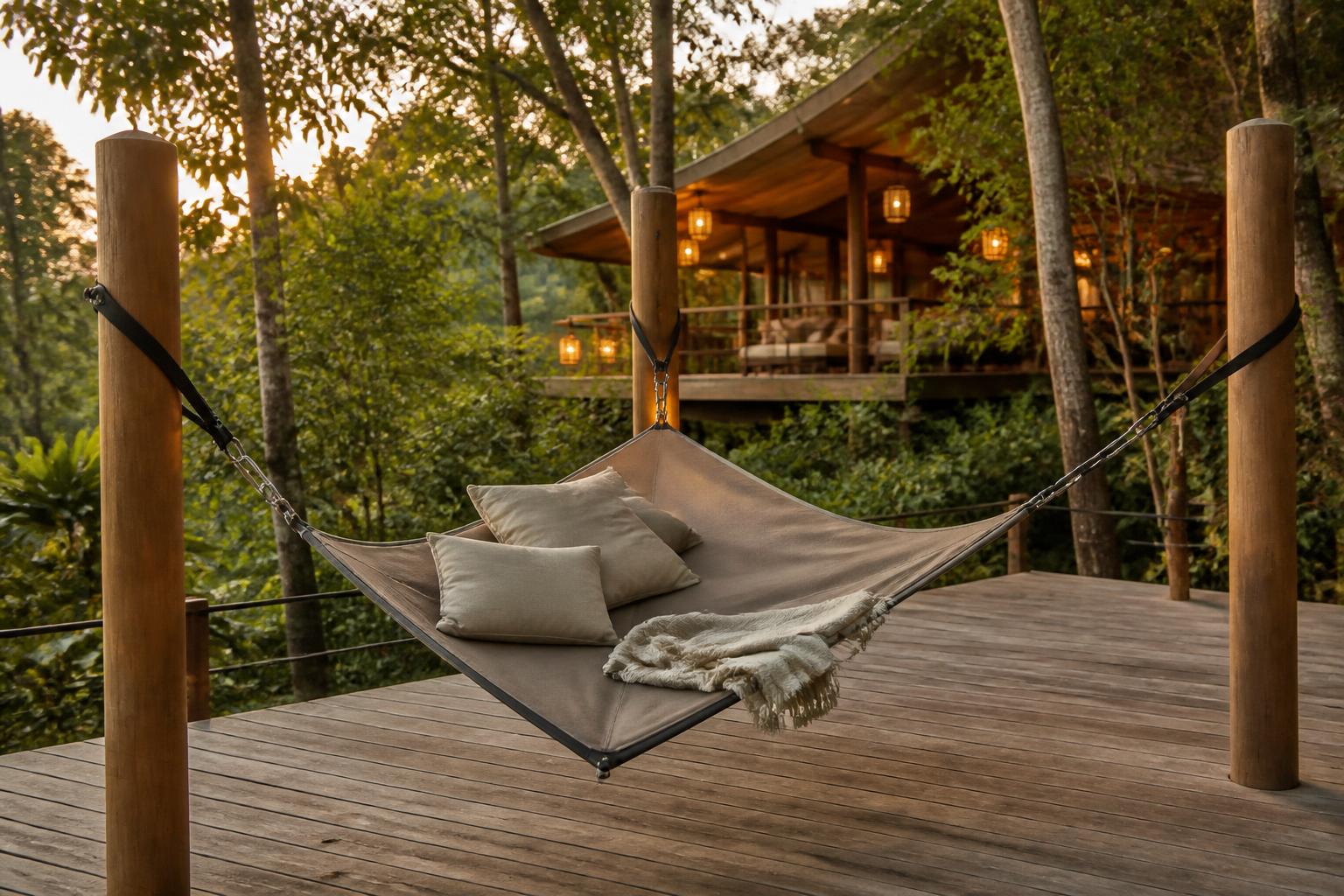 Hamac triangle dans un coin lounge de glamping avec cadre naturel