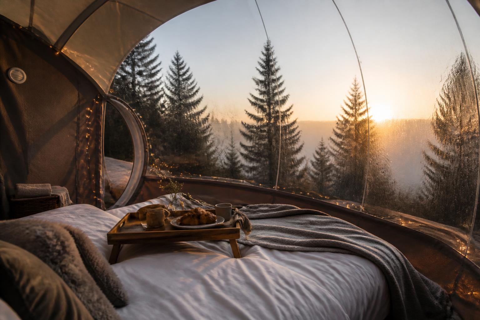 Intérieur cosy tente bulle aménagée lit blanc guirlandes lumineuses