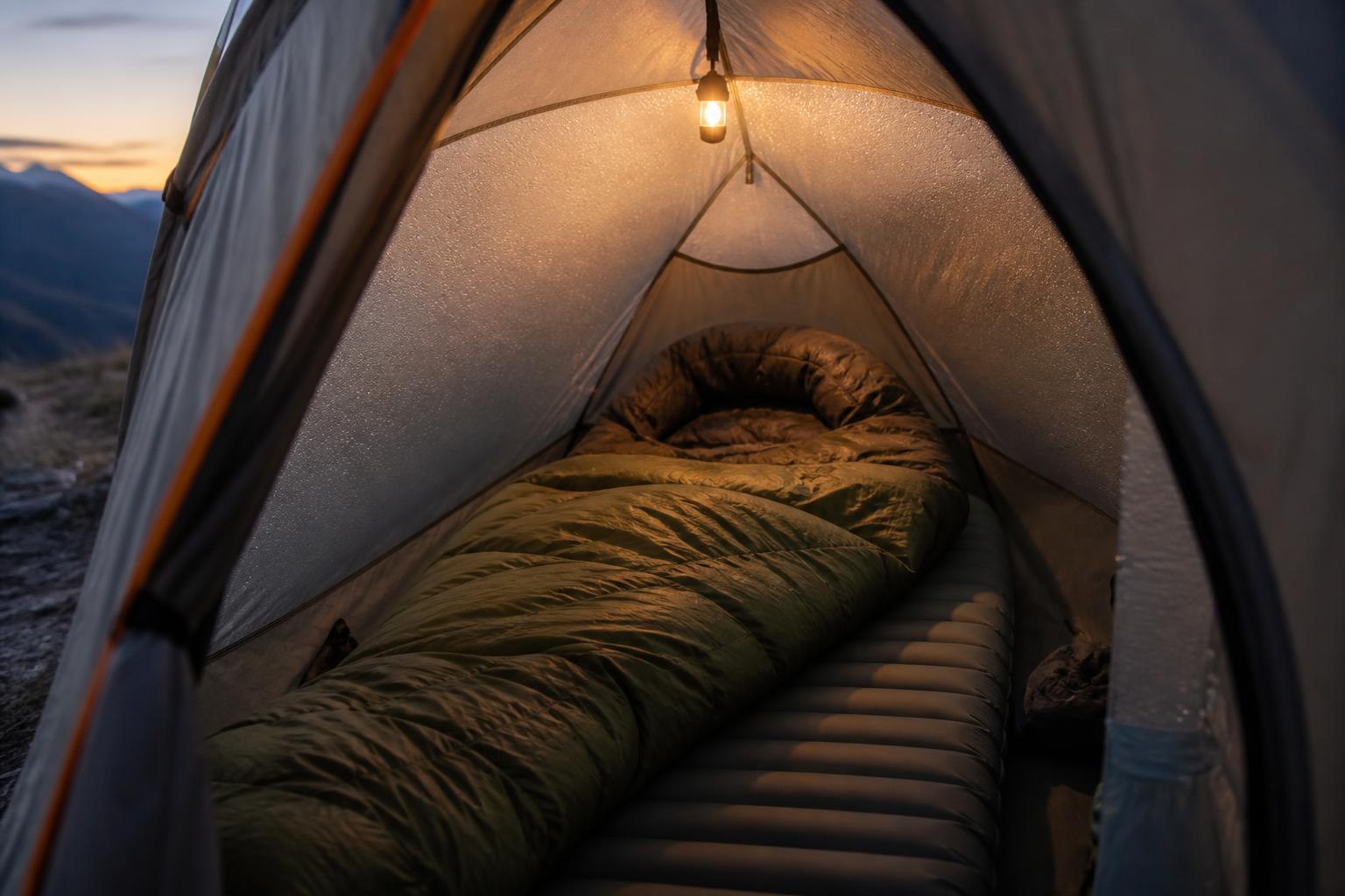 Intérieur de tente avec matelas gonflable et sac de couchage camping