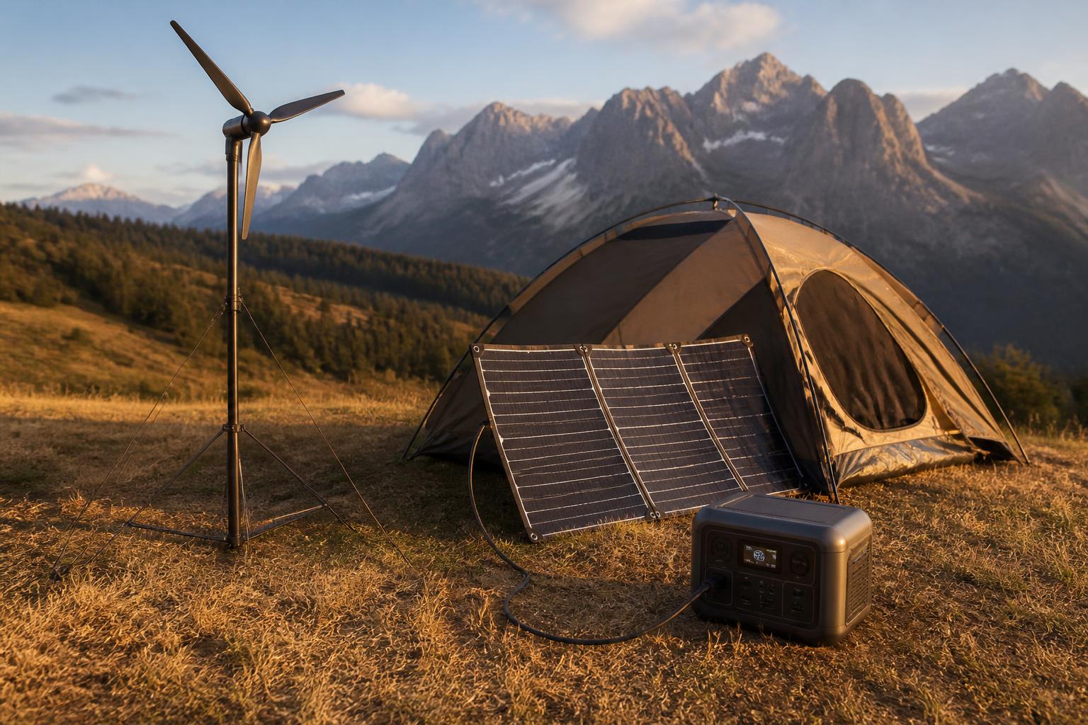 Kit hybride éolienne et panneau solaire avec batterie portable en campement montagne