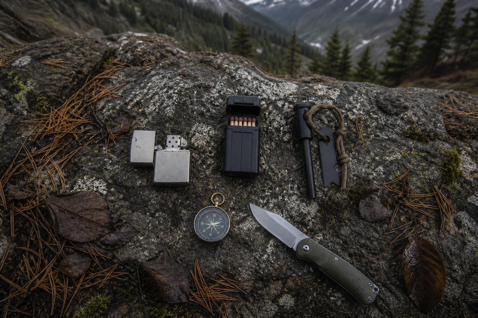 Kit survie feu briquet tempête allumettes pierre à feu sur rocher