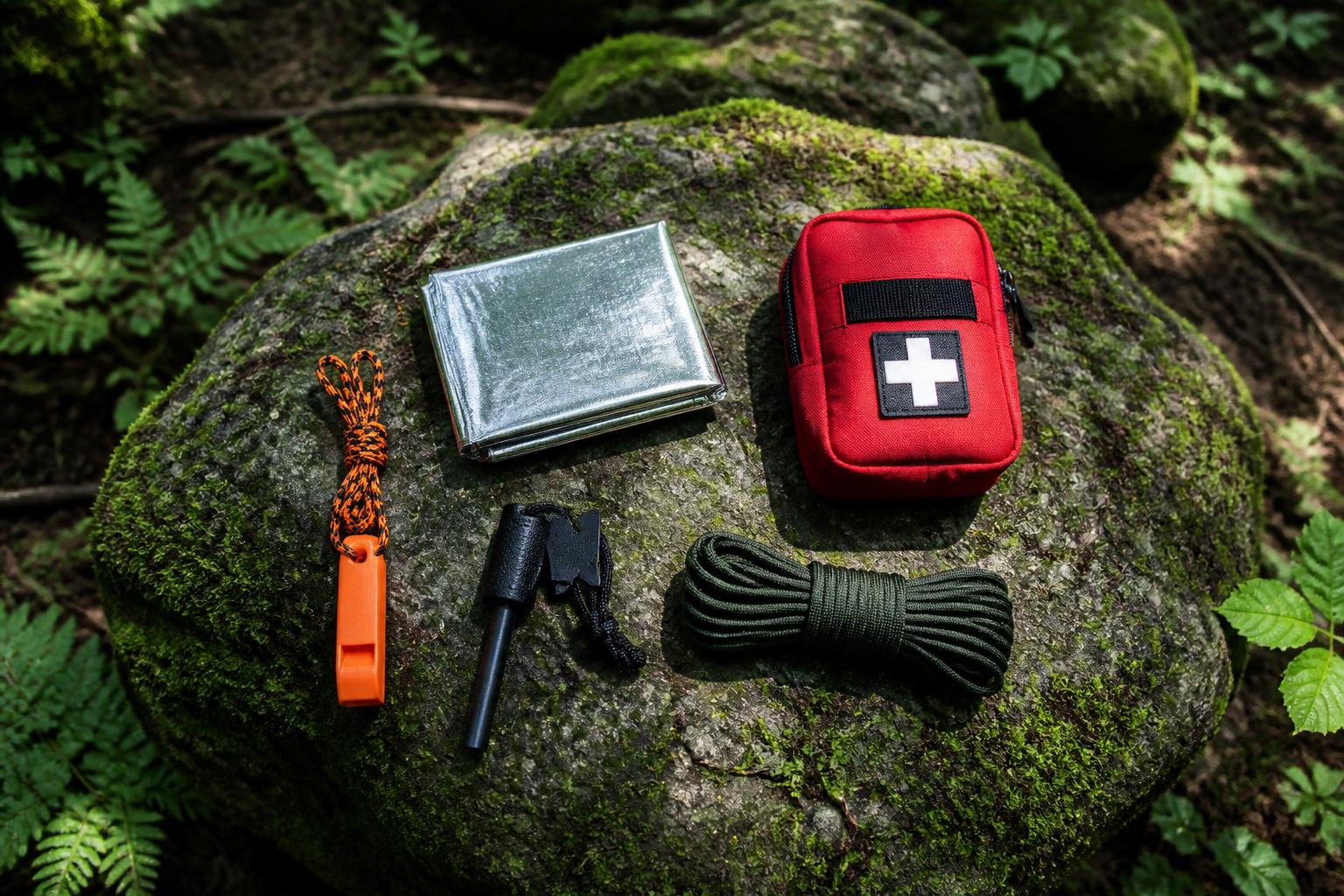 Kit survie minimaliste flatlay sifflet couverture allume-feu forêt