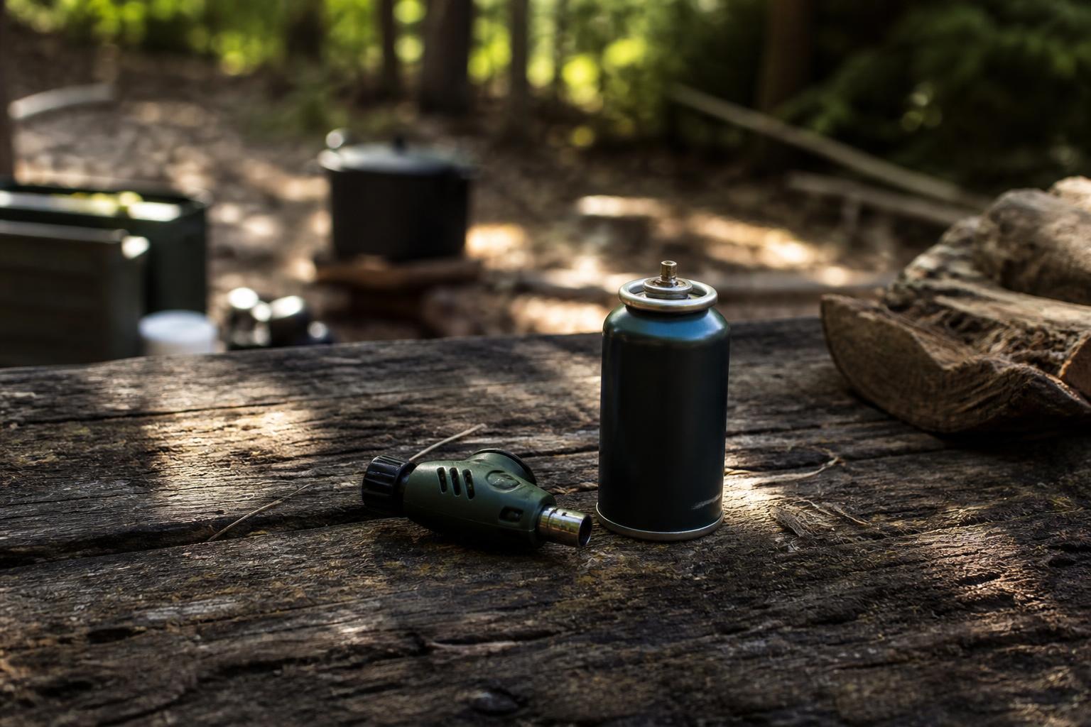 Rechargement briquet tempête gaz butane table bois campement forêt