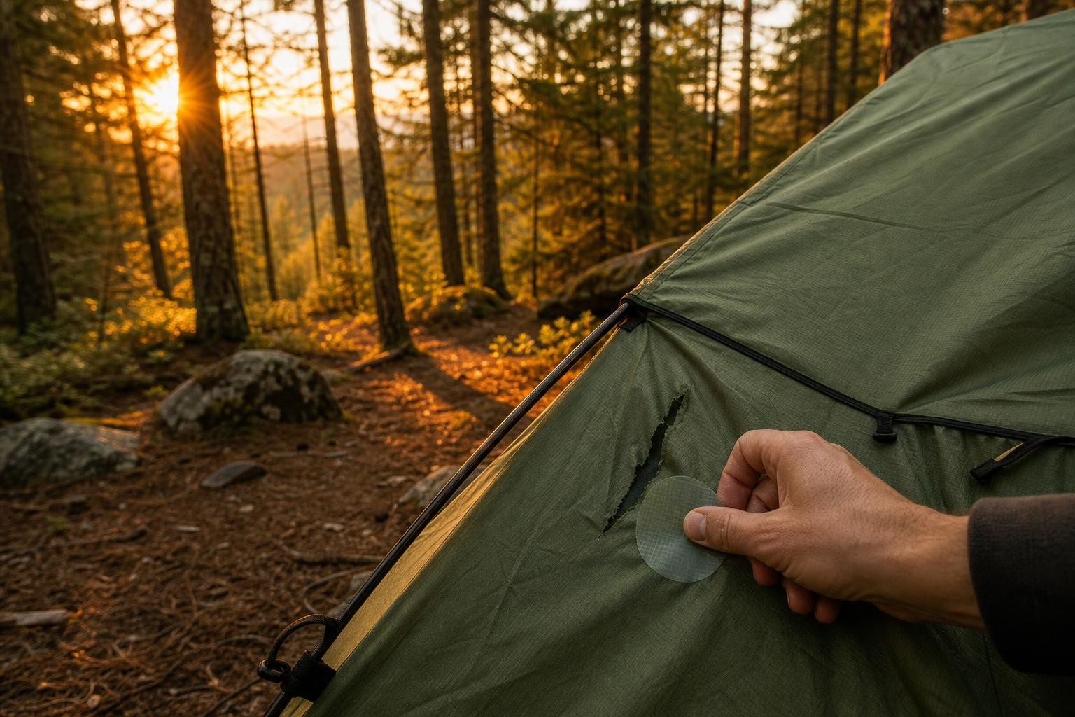 Réparation d'urgence d'une déchirure de tente en forêt au coucher du soleil