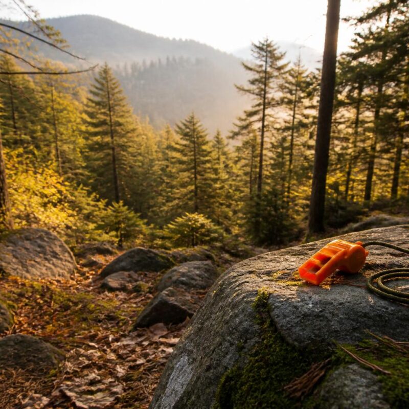 Sifflet de survie orange posé en forêt montagne sur rocher moussu