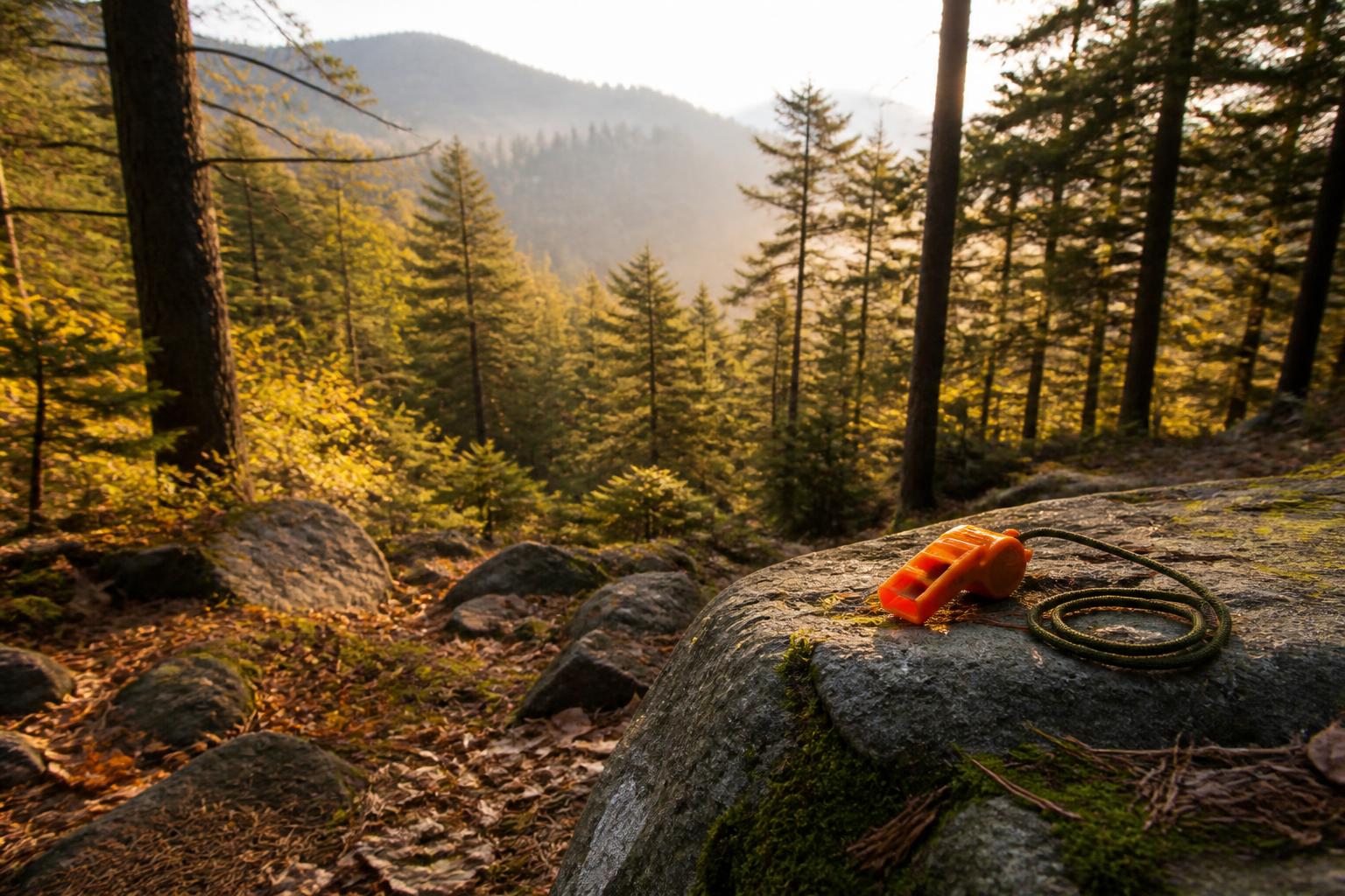 Sifflet de survie orange posé en forêt montagne sur rocher moussu