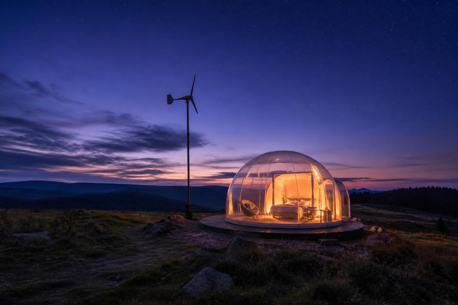 Tente bulle hors réseau avec éolienne portable au crépuscule dans la nature isolée
