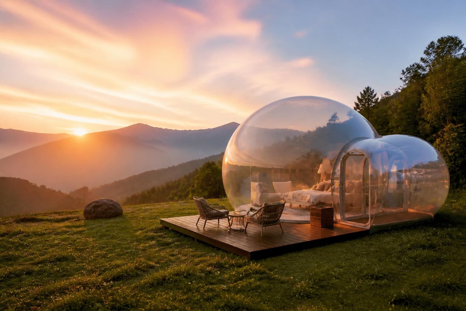 Tente bulle glamping premium lever de soleil montagne investissement rentable