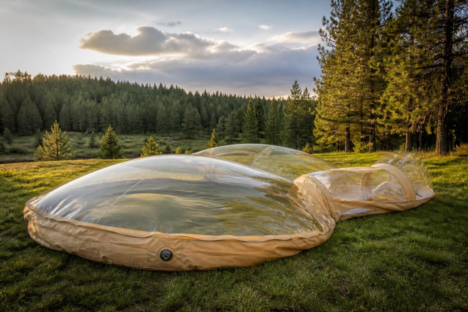 Tente bulle gonflable dégonflée sur prairie avant rangement hivernal glamping