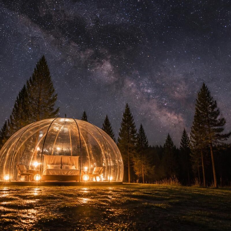 Tente bulle transparente illuminée sous un ciel étoilé en forêt